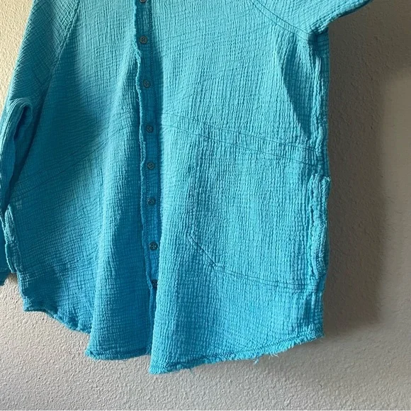 We The Free Summer Daydream Button Shirt Top Womens S Blue Long Sleeve Oversized - Picture 7 of 15